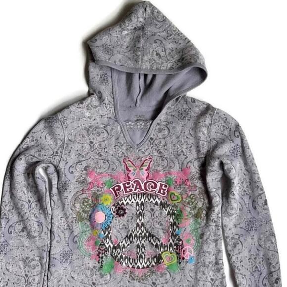 Place Premium 89 Other - PLACE PREMIUM 89 Girls M (7/8) Gray Graphic Hooded Pullover‎ Sweater Peace Sign